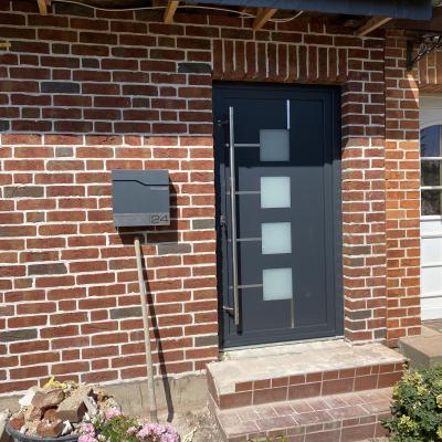 Moderne Haustür mit Milchglas- und Aluminium-Einsätzen